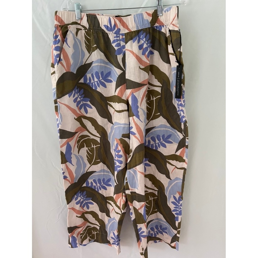 Tahari XL Linen‎ Crop Pants Tropical Leaf Print Elastic Waist Casual Trousers